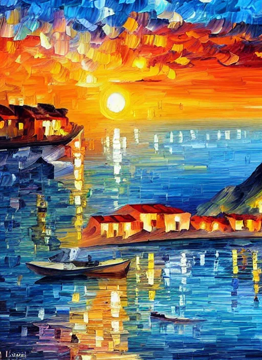 Image similar to beautiful seaside greek village at sunset in the style of leonid afremov