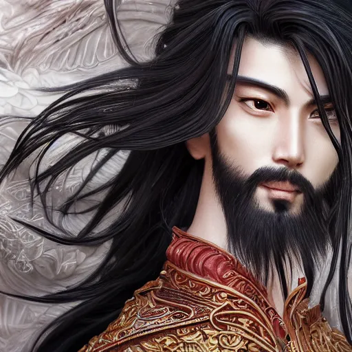 Image similar to an immortal xianxia cultivator with long black hair as an absurdly handsome, elegant, young anime man, ultrafine hyperrealistic detailed face illustration by kim jung gi, irakli nadar, intricate linework, sharp focus, bright colors, matte, final fantasy, unreal engine highly rendered, global illumination, radiant light, intricate environment