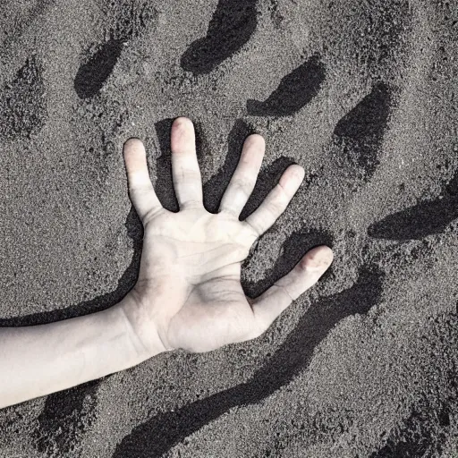 Prompt: desperate hand emerging from the sand