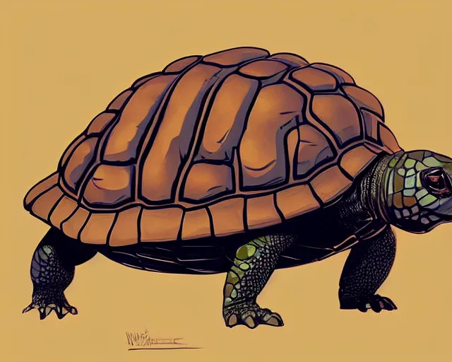 Image similar to cell shaded cartoon of a realistic turtle with a bulldog's proportions. full body, concept art by josan gonzales and wlop, by james jean, victo ngai, david rubin, mike mignola, deviantart, art by artgem