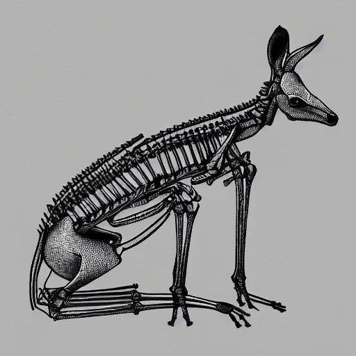 Image similar to pencil illustration of a kangaroo skeleton, highly detailed, on black, silk screen t-shirt design 4K