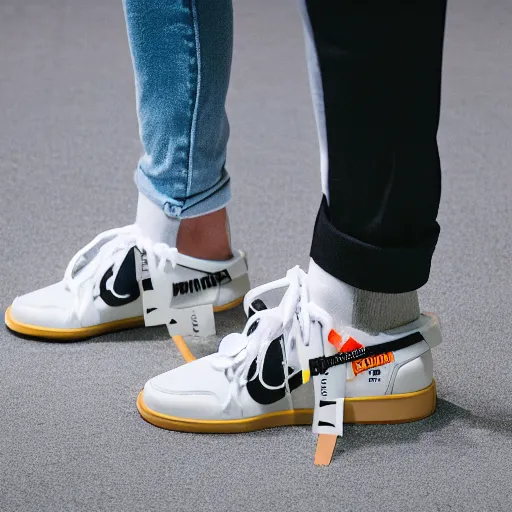 Image similar to a studio photoshoot of Nike Off-white running sneakers designed by Virgil Abloh, leather with knitted mesh material, gum rubber outsole, realistic, color film photography by Tlyer Mitchell, 35 mm, graflex