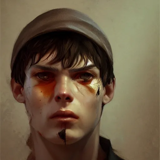 Prompt: A boy with a burn mark on his left eye, Graceful body structure,cute,Symmetrical face,highly detailed,elegant,Marc Simonetti and Caspar David Friedrich, Trending on artstation