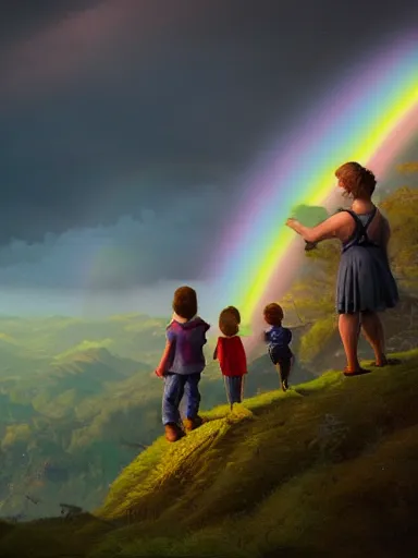 Image similar to dad. mom. kids. a happy familly looking at a distant rainbow. green valley horizon. a village. intricate, elegant, highly detailed, digital painting, artstation, concept art, sharp focus, illustration, by justin gerard and artgerm, 8 k