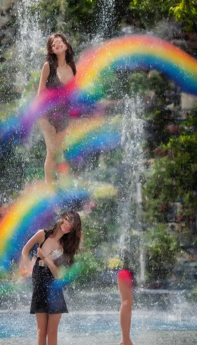 Image similar to Beautiful girl under the rainbow fountain,