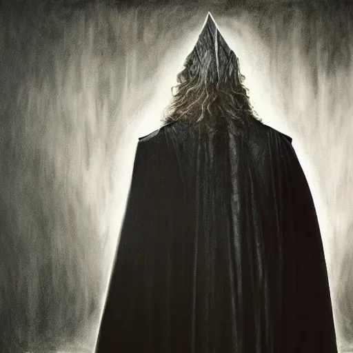 Prompt: landscape photo of ian mckellen as gandalf in a dark hood walking, arial shot, highly detailed, cinematic shot, cinematic lighting, 8 k, painting by john martin pandemonium, chiaroscuro, dark painting.