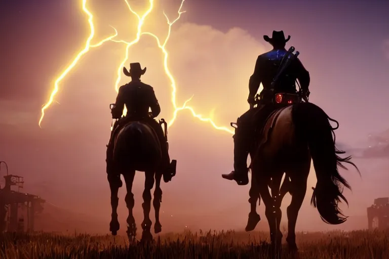 Image similar to photo from shoulder of a led cowboy, riding a led steampunk horse, carrying a big gun, on a futuristic city, cinematic lightning, ray tracing, unreal engine 5, photorealistic, 8 k, uhd, 4 k, red dead redemption 2 game concept, extremely detailed, beautiful, elegant, intricate, foggy, in - game footage