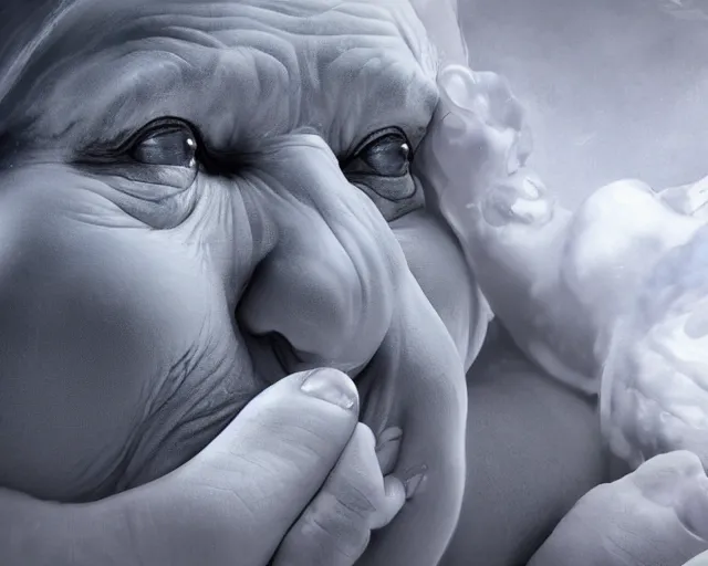 Image similar to of a very beautiful scene. ambient occlusion render. a sweet fat old woman is giving birth to her self as a sweet baby. hyper realistic. 4 k. wide angle. wild. symmetrical face, red mouth, blue eyes. deep focus, lovely scene. ambient occlusion render. concept art. unreal engine.