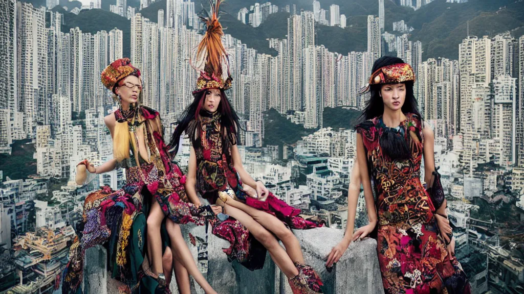 Image similar to fashion editorial by jimmy nelson. on a roof, in hong kong