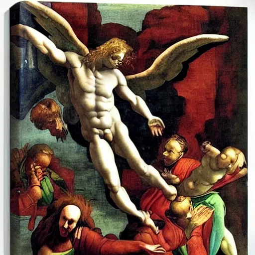 Prompt: death beign resurrected by an angel painted by Michelangelo