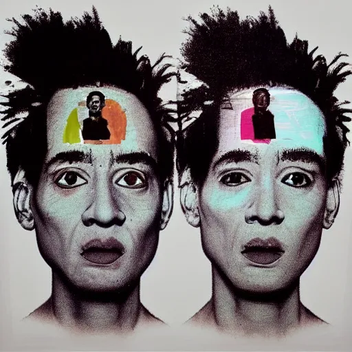 Image similar to “realistic image of Pushmi-Pullyu, one head has andy warhol head, another head jean michel basquiat, highly detailed, 8k, trending on artstation”