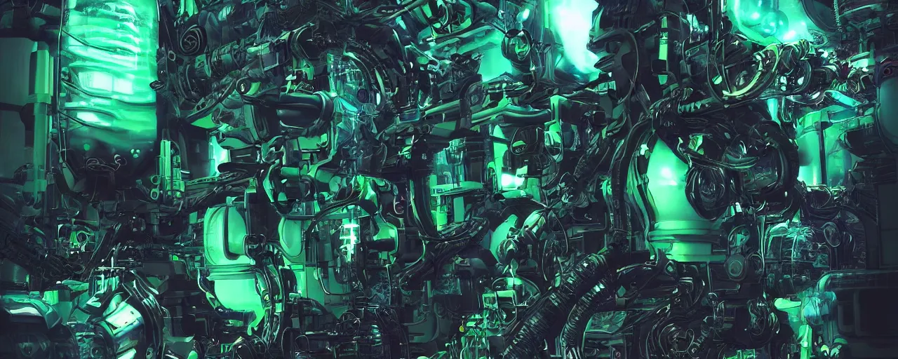 Prompt: Portrait of a cyberpunk sci-fi VR holoreel machine engine, third person, D&D, sci-fi fantasy, cogs tubes tanks pistons pulleys, monitor screen, intricate, green black ebony, highly detailed, art by Range Murata, highly detailed, 3d, octane render, bright colors, digital painting, trending on artstation, sharp focus, illustration style of Stanley Artgerm, background in a cinematic