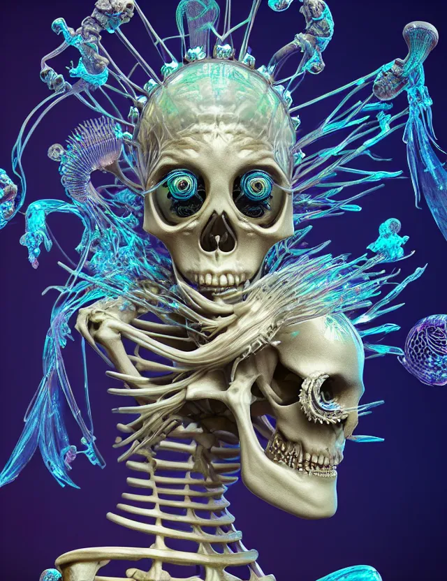 Image similar to 3 d goddess skeleton macro close - up portrait with crown made of ram skull. betta fish, jellyfish phoenix, bioluminiscent, plasma, ice, water, wind, creature, super intricate ornaments artwork by tooth wu and wlop and beeple and greg rutkowski