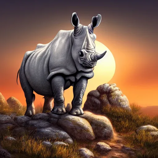 Prompt: digital painting of a white rhinoceros posing triumphantly on a craggy rock outcropping at sunrise, highly detailed, painted in the style of sam nielson on artstation, blizzard art