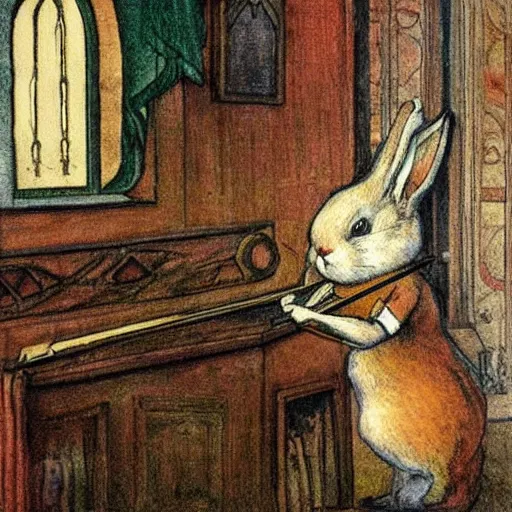 Image similar to a rabbit playing violin inside a church, in the style of carl larsson