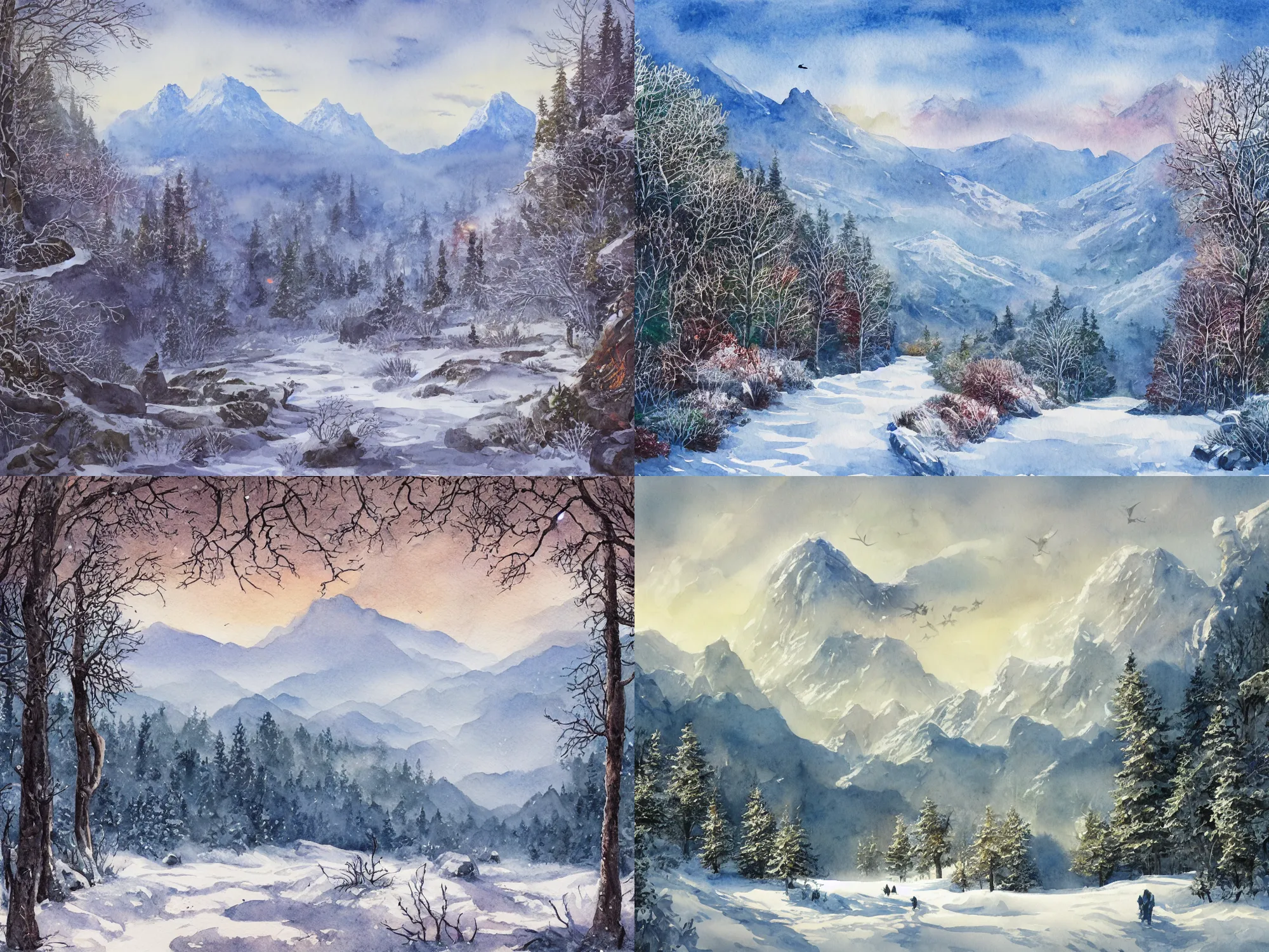 Prompt: A watercolor painting of a winter landscape overlooking a path through the woods with mountains in the background, nature photo, fantasy setting, dragons flying in the background, 4k