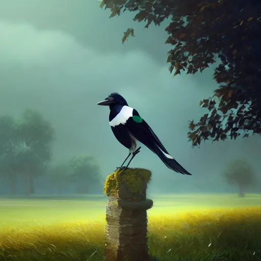 Image similar to magpie bird, urraca in avila, green fields, fall season, 4 k, concept art, by wlop, ilya kuvshinov, artgerm, krenz cushart, greg rutkowski, pixiv. cinematic dramatic atmosphere, sharp focus, volumetric lighting, cinematic lighting, studio quality