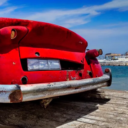 Prompt: old red ferrari car is parked on the sea shore near a pier with boats