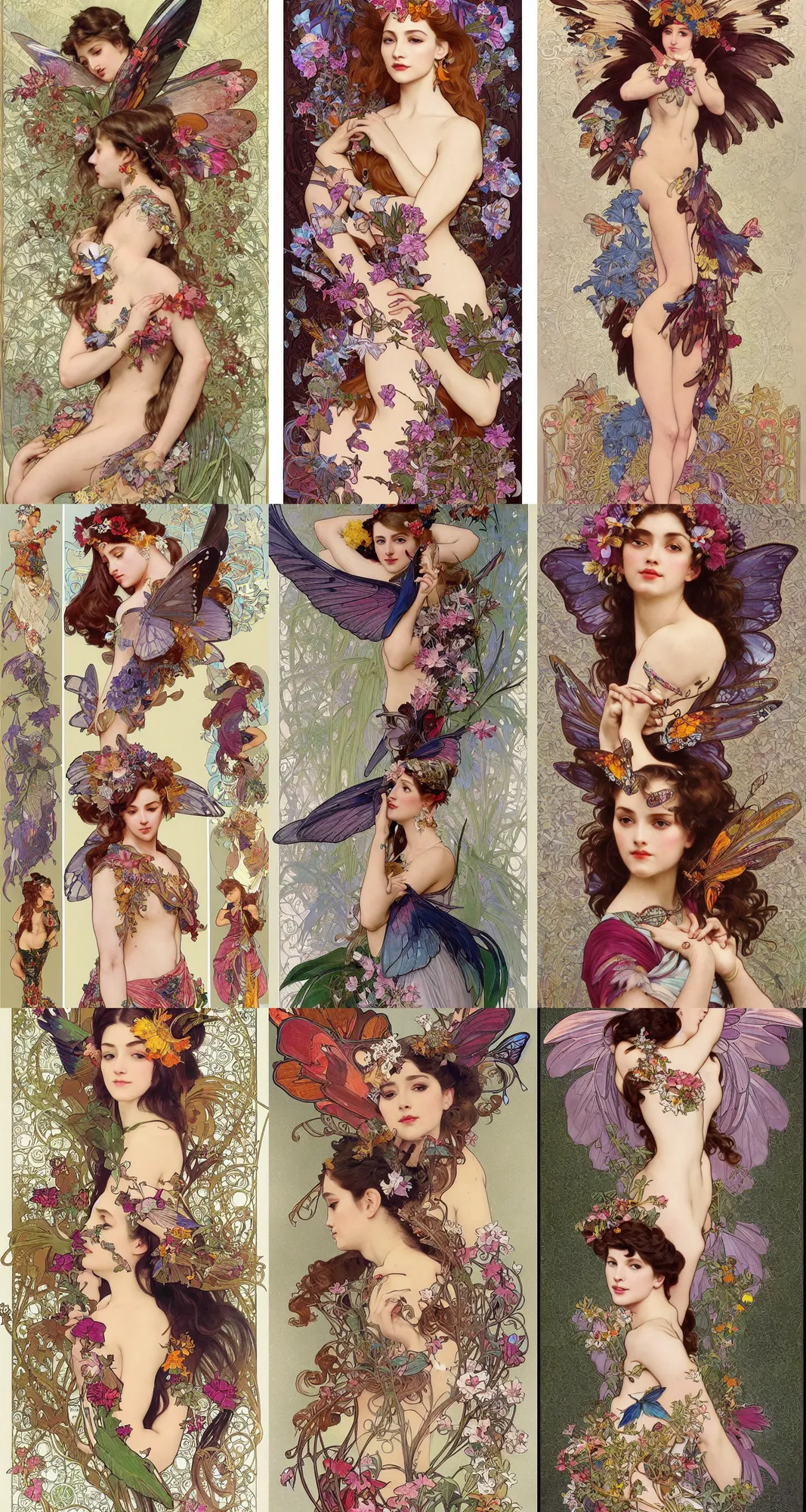 Prompt: Character concept spot illustrations of fashion featuring butterfly wings and exotic birds and exotic flower petals motifs and aesthetic and colors, full-body, bloom, dynamic poses, diaphanous cloth, intricate crystalline and feather jewelry, ornate, filigree, arcane, cinematic lighting, by Alphonse Mucha, by Artgerm, by Bouguereau, by Sakimichan, fantasy, portfolio illustration, highly detailed, trending on Artstation, CGsociety, HQ, 8k, 35mm lens, f2.8, Bokeh,