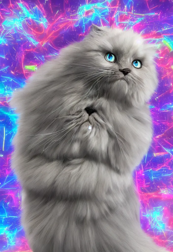 Prompt: longhair floof fluffy coiffed elegant gorgeously cfa champion cute pretty scottish fold cat, radiant with data visualization mathematical diagrams hologram overlay revealing a complex inner mechanations, detailed painting, grisaille dark monochrome with neon fluorescent color airbrush spraypaint accents, by jules julien, wes anderson, lisa frank, basquiat, octane render 4 k