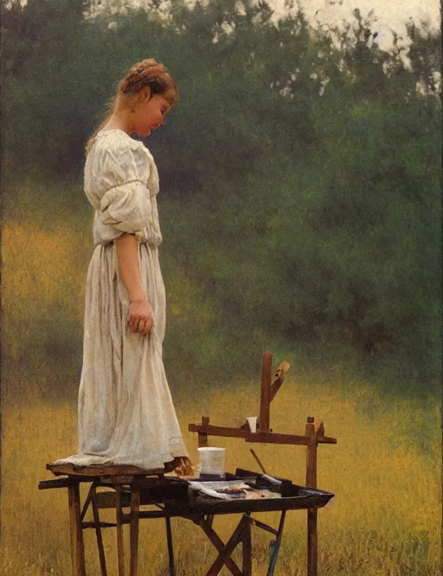 Image similar to peasant girl drawing a landscape on a canvans on an easel, cottage core, cinematic focus, polaroid photo bleached vintage pastel colors high - key lighting, soft lights, foggy, by steve hanks, by lisa yuskavage, by serov valentin, by tarkovsky, detailed, oil on canvas