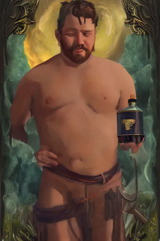 Prompt: an ethereal dramatic tarot card painting of a shirtless handsome chubby mischievous cowboy smirking | background is a dark night with a serene campfire | tin cans and jugs of whisky | tarot card, art deco, art nouveau | by Mark Maggiori | trending on artstation