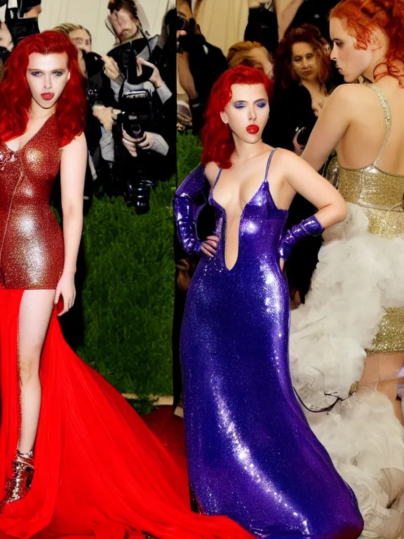 Prompt: sexy young Scarlett Johansson with long red hair wearing very tight Translucent metallic mirror chrome latex crazy outfit Met Gala photoshoot