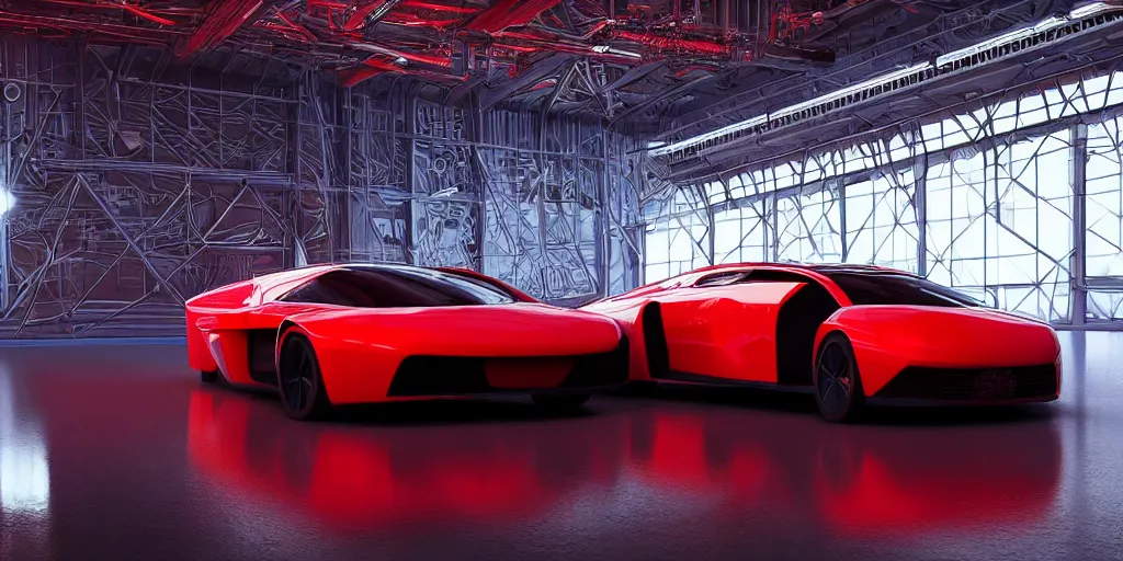 Prompt: kama russian electrocar, inside futuristic hangar, red car, sharp focus, ultra realistic, ultra high pixel detail, cinematic, intricate, cinematic light, unreal engine 8 k