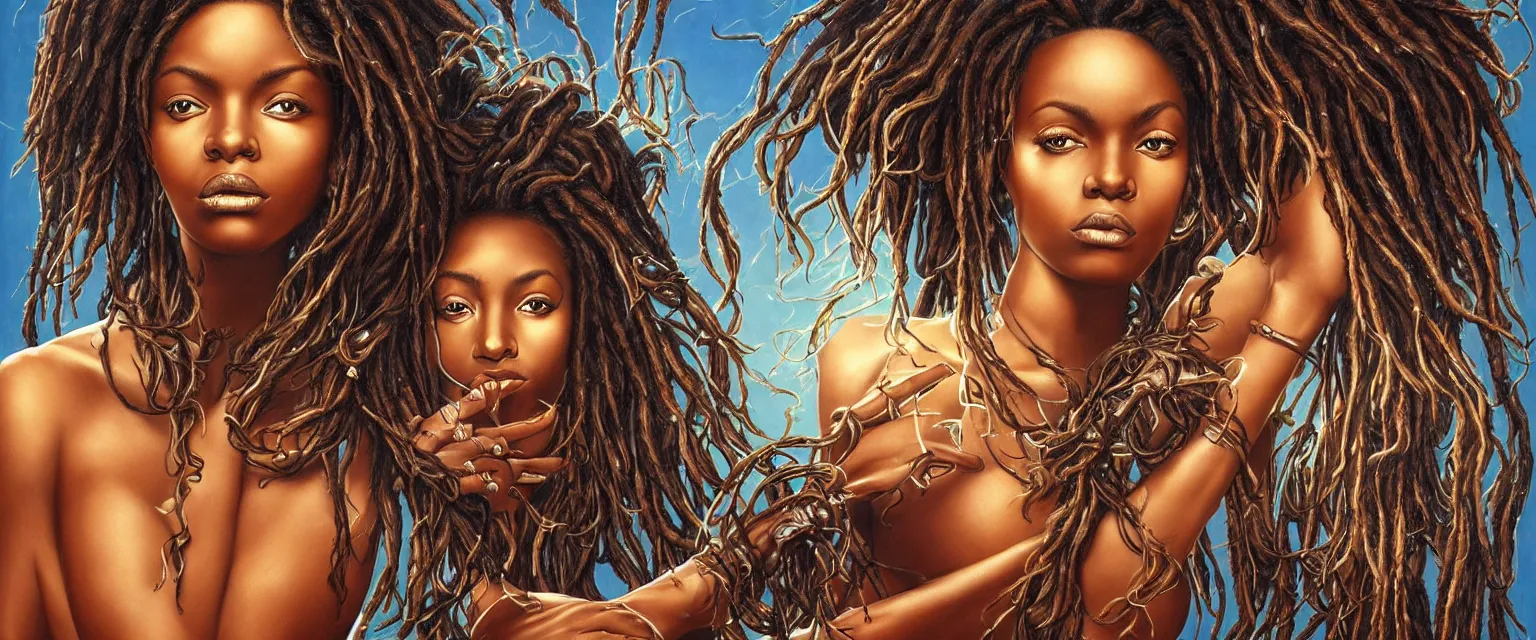 Image similar to a highly detailed symmetrical full body painting of a dark skinned beautiful black woman blow drying dreadlocks in 1 9 8 0's setting, dynamic lighting, ambient lighting, deviantart, art by artgerm and karol bak and mark brooks h