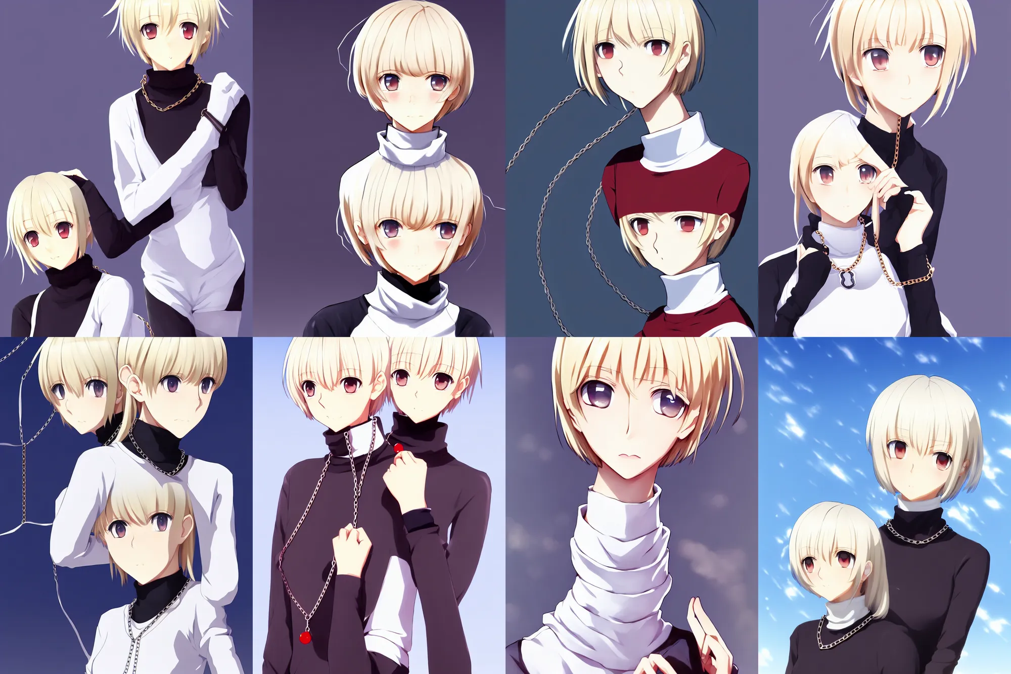 Prompt: beautiful girl with red eyes, short blonde hair, ahoge hair, wearing a white turtleneck sweater, wearing a detailed chain-link necklace, arcueid, in the style of type-moon studios, extremely clean lines, anime and manga style