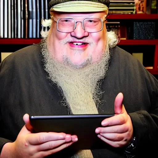 Prompt: george rr martin eating a laptop - 9 screaming - 8