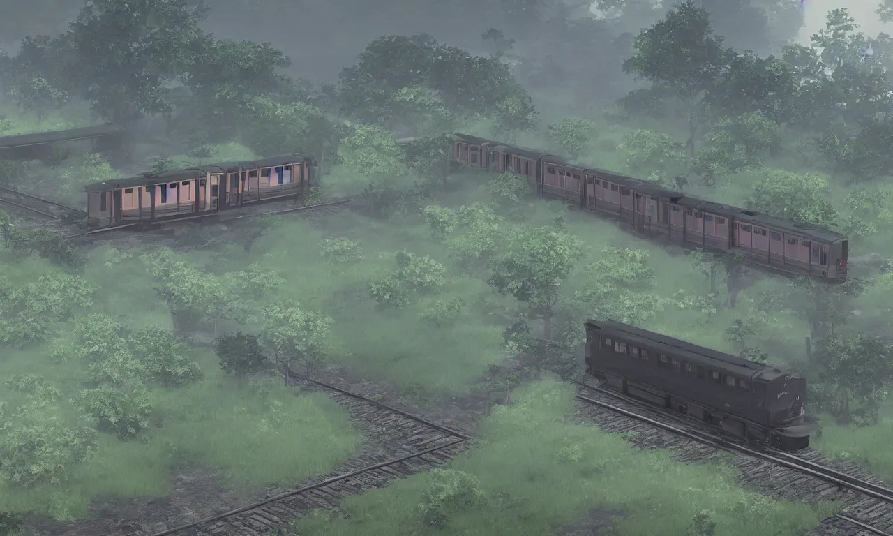 Prompt: the train by the platform, the movie the garden of words by makoto shinkai, a little bright, light rain, moist, 8 k, unreal engine