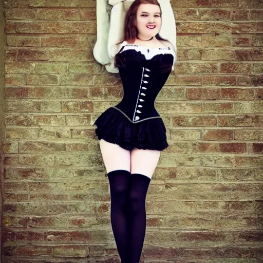 Image similar to full-length photo of beautiful 18 year old girl in short skirt, thigh highs and corset