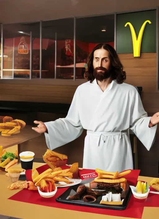 Prompt: still of jesus christ in mcdonalds, canon eos c 3 0 0, ƒ 1. 8, 3 5 mm, 8 k, medium - format print,