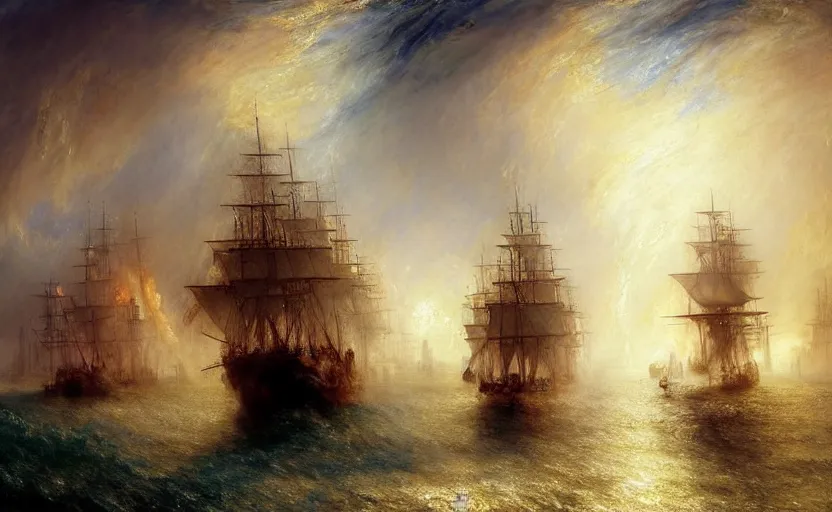 Prompt: epic naval battle, pirate galleons and millennium falcon. by artstation trending, by joseph mallord william turner, luis royo, konstantin razumov, cinematic lighting, fractal flame, highly detailed