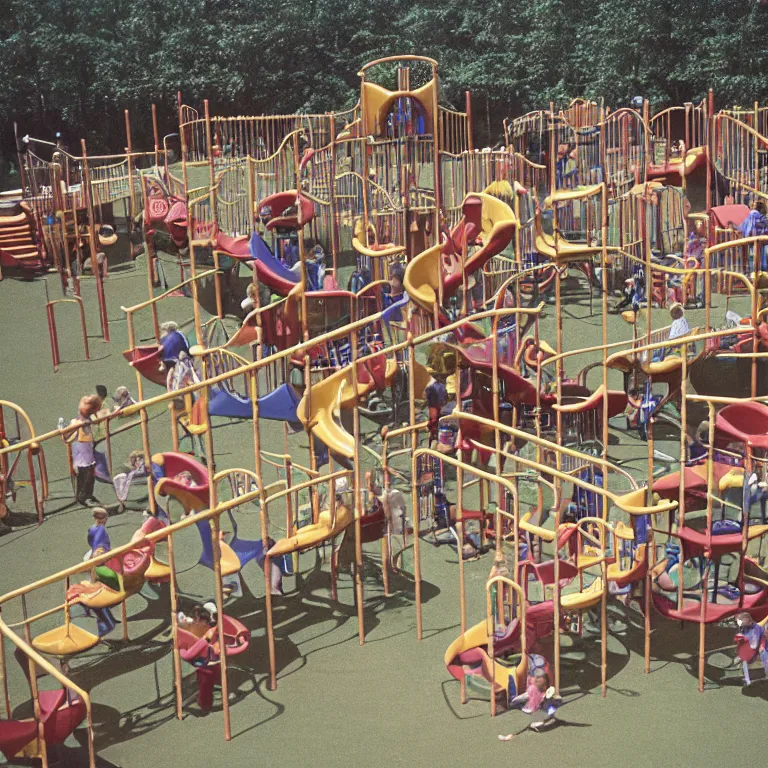 Prompt: full - color closeup 1 9 7 0 s photo of a large complex very - dense very - tall many - level playground in a crowded schoolyard. the playground is made of dark - brown wooden planks, and black rubber tires. it has many wooden spiral staircases, high bridges, ramps, and tall towers.