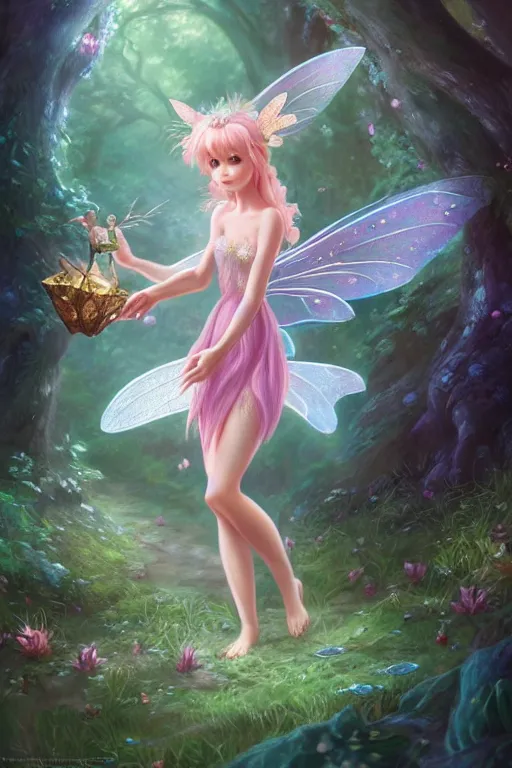 Image similar to a cute fairy in the dreamy forest, fantasy, 8 k resolution, hyper detailed, d & d, character design, digital painting, trending on artstation, sharp focus, illustration, art by artgerm, steve zheng, fuji choko, viktoria gavrilenko, hoang lap