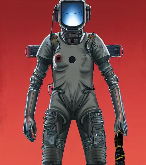 Image similar to realistic cyberpunk japanese engineer with long limbs and a black spacesuit welding, techwear, dead space, visible face, Industrial Scifi, detailed illustration, character portrait, by Martin Grip and Moebius