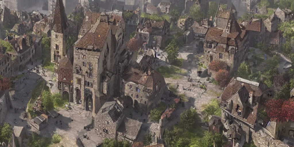 Image similar to scene from a thriving medieval town, imposing stone building in the center, lots of people going about their business, fantasy setting, highly detailed, albert bierdstat, manelbulb 3 d, high resolution, 8 k, photorealism, unreal engine, octane render, artstation