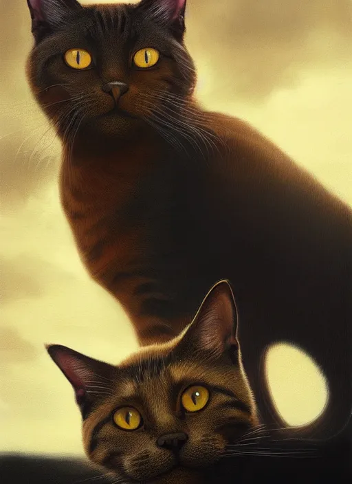 Image similar to two cat in cats city, portrait of a ginger cat and a gray cat, atmospheric lighting, painted, menacing, intricate, volumetric lighting, beautiful, rich deep colours masterpiece, golden hour, sharp focus, ultra detailed, by leesha hannigan, ross tran, thierry doizon, kai carpenter, ignacio fernandez rios