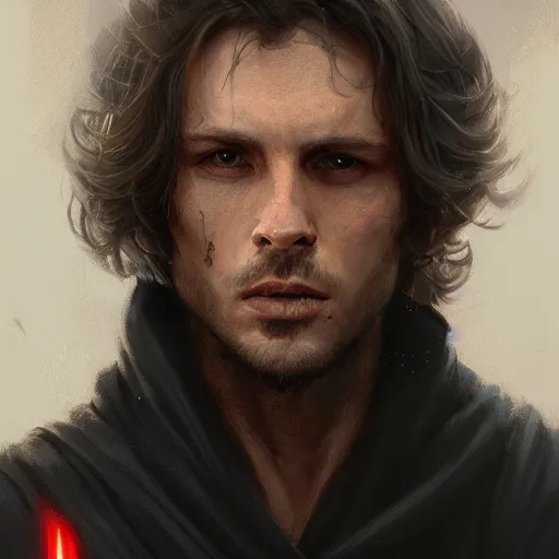 Prompt: portrait of a man by greg rutkowski, jacen solo wearing black robes, angry but resigned attitude, star wars expanded universe, he is about 3 0 years old, highly detailed portrait, digital painting, artstation, concept art, smooth, sharp foccus ilustration, artstation hq