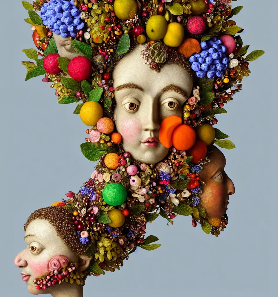 Prompt: portrait headshot of a fairy nature spirit, head made of fruit gems and flowers in the style of arcimboldo, john currin, fragonard, photorealistic, dynamic lighting, action figure, clay sculpture, claymation, dull blue cloudy background,