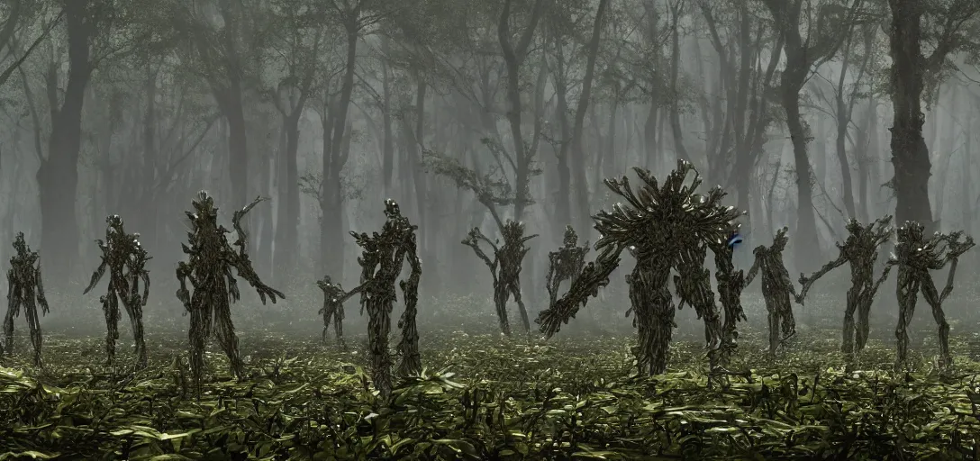 Image similar to a complex organic fractal 3 d metallic symbiotic ceramic humanoid megastructure creature in a swampy lush forest, surrounded by soldiers, foggy, sun rays, cinematic shot, photo still from movie by denis villeneuve, wayne barlowe