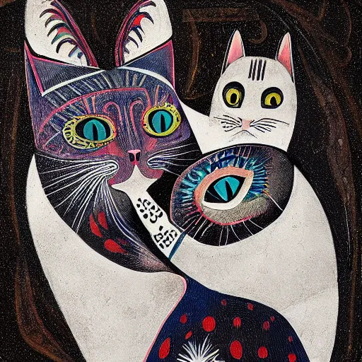 Prompt: A highly stylized conceptual art 4k shaded, finely detailed, matte painting with intricate textures and patterns of two abstract expressionist cats , their bodies intertwined together in the style of Picasso