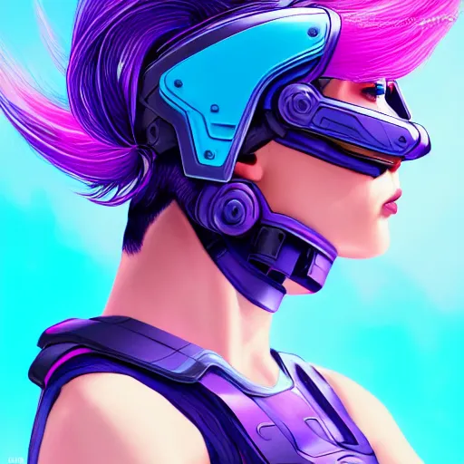 Image similar to a stunning upper body portrait of a beautiful young woman wearing futuristic navy blue and teal battle bodyarmor and pauldrons and ombre purple and pink hairstyle with hair blowing in the wind, by marvel comics, outrun, vaporware, highly detailed, fine detail, intricate, digital art, trending on artstation