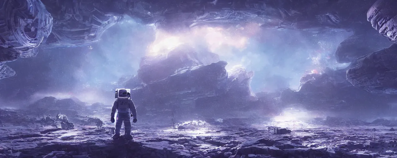 Prompt: lone astronaut exploring outer digital cybernetic planet covered with ice, art by paul lehr, cinematic, detailed, epic, widescreen, opening, establishing, matte painting, photorealistic, realistic textures, octane render