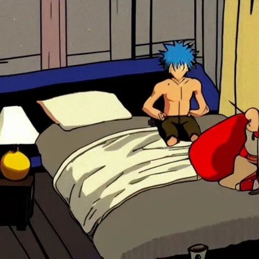 Image similar to bedroom in studio ghibli, Kakashi Hatake sitting on bed, Saitama standing next to bed, anime style