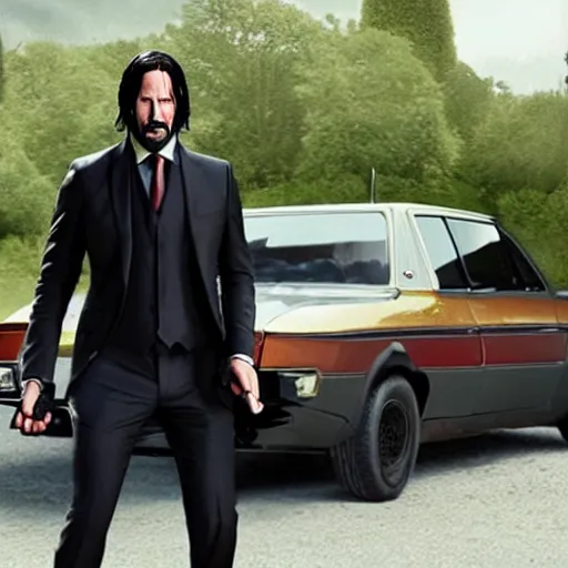 Image similar to john wick getting out of renault 1 2 car