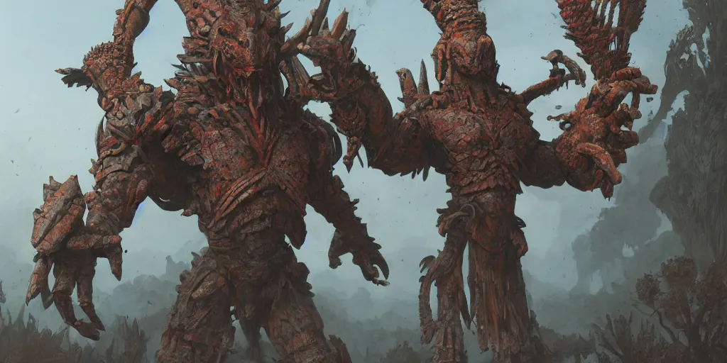 Image similar to Aztec statue colossus creature, character design sheet, Monster Hunter Illustrations art book, giant, trees growing on its body, enormous hands, long limbs, horns on its head, bright pale blue eyes, Moebius, Greg Rutkowski, Zabrocki, Karlkka, Jayison Devadas, Phuoc Quan, trending on Artstation, 8K, ultra wide angle, zenith view, pincushion lens effect.