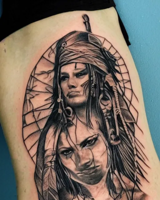 Image similar to pirate ship on a deserted island next to a beautiful face of a woman warrior, realism tattoo drawing, hyper realistic, shaded